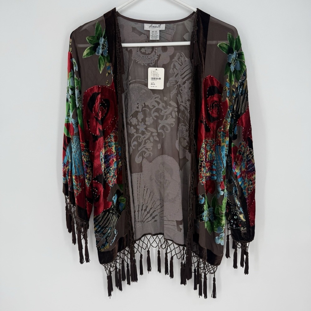 Aris A Kimono Burnout Velvet Floral Boho Beading Tassel Fringe Silk Blend